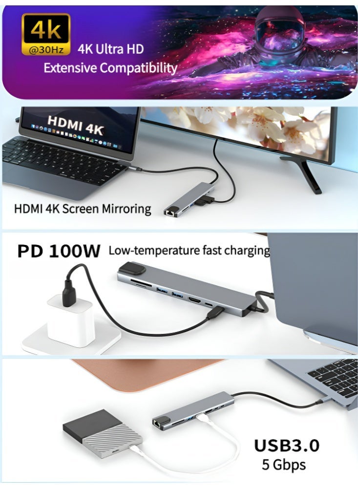 محطة إرساء عالمية 8 في 1 مع منفذ HDMI، شحن سريع PD، منفذ إيثرنت، وفتحات قارئ بطاقات SD/TF، متوافقة مع أجهزة لابتوب USB-C مثل أجهزة آبل وغيرها من الأجهزة ذات منفذ Type-C - Image 4
